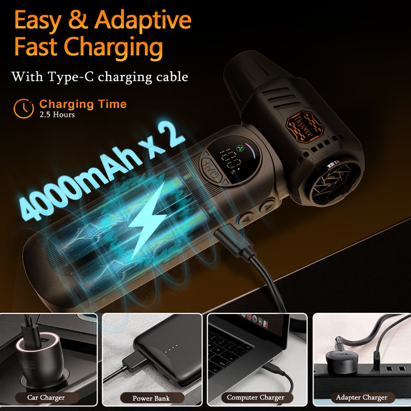 Deparee Compressed Air Dusters, 8000mAh Battery High Wind with Memory Setting, LED Light Multi-Nozzles for Car, Home, Office, Pet, Electronics